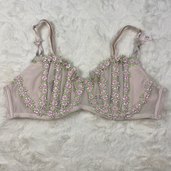 Victoria’s Secret Dream Angels Balconette Bra 36B Pink Rosebud Floral Embroidere - Picture 1 of 6